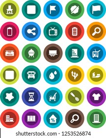 White Solid Icon Set- cleaner trolley vector, splotch, shining window, skimmer, bbq, school bus, flag, percent growth, sand clock, t shirt, ship, truck trailer, tv, battery, stop button, rec, share