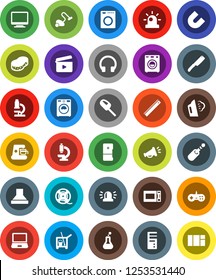 White Solid Icon Set- cleaner trolley vector, vacuum, sponge, steaming, washer, knife, microwave oven, ruler, microscope, magnet, cinema clap, film spool, headphones, jack, flask, siren, loudspeaker