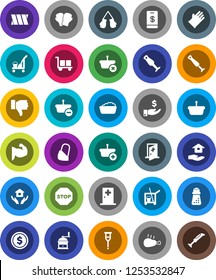 White Solid Icon Set- cleaner trolley vector, foam basin, rubber glove, house hold, hand mill, blender, chicken leg, dollar coin, investment, muscule, boxing, cargo, finger down, crutches, bandage