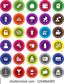White Solid Icon Set- cleaner trolley vector, mop, drying clothes, wallet, gold ingot, fitball, muscule hand, swimsuite, water bottle, hoop, gymnast rings, calendar, glass, umbrella, dry cargo, user