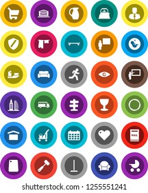 White Solid Icon Set- cleaner trolley vector, mop, drying clothes, kettle, meat hammer, cutting board, jug, blackboard, school bus, manager, calendar, skateboard, hoop, run, signpost, ship, glass