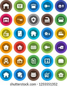White Solid Icon Set- cleaner trolley vector, fetlock, sponge, window cleaning, welcome mat, iron, sink, woman, dry cargo, warehouse, home, key, house, cottage, chalet, garage, plan, estate document