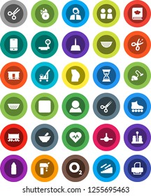 White Solid Icon Set- cleaner trolley vector, vacuum, scoop, water closet, colander, cookbook, spices, sand clock, heart pulse, buttocks, roller Skates, bottle, stairways run, oxygen, support