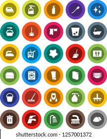 White Solid Icon Set- cleaner trolley vector, water tap, vacuum, fetlock, scoop, rake, bucket, sponge, trash bin, car, shining, splotch, welcome mat, iron, bath, drying clothes, washer, liquid soap