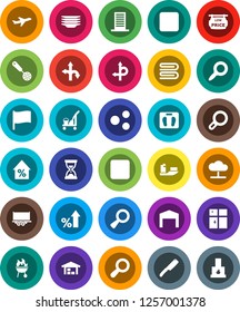 White Solid Icon Set- cleaner trolley vector, towel, plates, shining window, skimmer, knife, bbq, flag, magnifier, percent growth, sand clock, scales, route, plane, ship, truck trailer, stop button