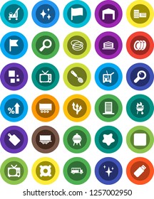 White Solid Icon Set- cleaner trolley vector, shining, splotch, plates, skimmer, cutting board, bbq, school building, bus, flag, magnifier, percent growth, any currency, hoop, truck trailer, tv, usb