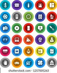 White Solid Icon Set- cleaner trolley vector, washer, rubber glove, whisk, rolling pin, thermometer, microscope, flask, monitor dollar, horizontal bar, punching bag, hoop, film spool, disk, patch