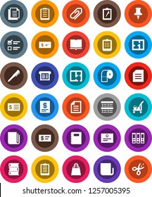 White Solid Icon Set- cleaner trolley vector, toilet paper, book, copybook, pen, clipboard, certificate, document, exam, receipt, binder, newspaper, thumbtack, attachment, plan, shopping bag, check