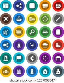 White Solid Icon Set- cleaner trolley vector, towel, shining, window cleaning, knife, cutting board, hand mill, school building, bus, flag, magnifier, percent growth, cent sign, hoop, plane, share