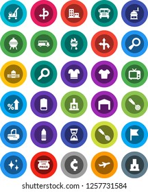 White Solid Icon Set- cleaner trolley vector, shining, skimmer, hand mill, bbq, school building, bus, flag, magnifier, percent growth, sand clock, cent sign, t shirt, water bottle, route, plane, tv