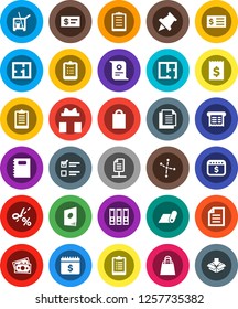 White Solid Icon Set- cleaner trolley vector, copybook, clipboard, paper pin, certificate, document, constellation, exam, receipt, binder, dollar calendar, fitness mat, money, network, plan, gift