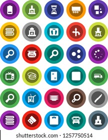 White Solid Icon Set- cleaner trolley vector, towel, window cleaning, plates, knife, school bus, magnifier, sand clock, scales, hoop, route, truck trailer, tv, battery, stop button, share, loading