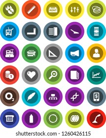 White Solid Icon Set- cleaner trolley vector, scoop, plates, pasta, pen, corner ruler, graph, coin stack, hierarchy, water bottle, hoop, oxygen, cargo search, music hit, newspaper, loudspeaker, dna