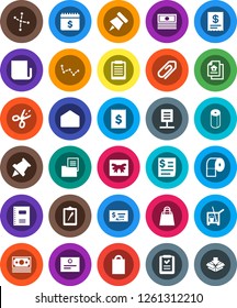 White Solid Icon Set- cleaner trolley vector, toilet paper, copybook, clipboard, pin, certificate, constellation, cash, check, dollar calendar, money, receipt, newspaper, mail, network document