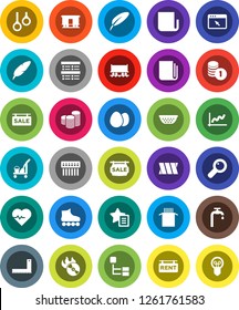 White Solid Icon Set- cleaner trolley vector, colander, egg, pasta, pen, corner ruler, exam, graph, coin stack, heart pulse, roller Skates, gymnast rings, Railway carriage, music hit, newspaper, hub