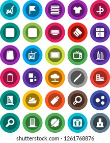 White Solid Icon Set- cleaner trolley vector, splotch, plates, shining window, towel, knife, cutting board, flag, magnifier, scales, t shirt, route, ship, tv, battery, stop button, backward, share