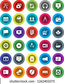 White Solid Icon Set- cleaner trolley vector, bath, drawing compass, certificate, flag, credit card, safe, dollar calendar, monitor, jump rope, medal, heart, top sign, protected, disk, microphone