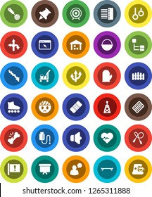 White Solid Icon Set- cleaner trolley vector, camping cauldron, cook glove, skimmer, paper pin, crisis, presentation board, heart pulse, jump rope, roller Skates, skateboard, target, gymnast rings