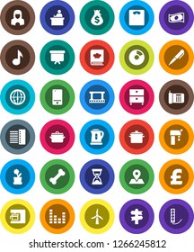 White Solid Icon Set- cleaner woman vector, pan, kettle, cookbook, student, pen, music, archive, pie graph, cash, money bag, sand clock, presentation board, pound, scales, bone, signpost, map pin