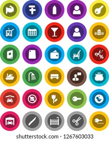White Solid Icon Set- cleaner trolley vector, shower, knife, cutting board, school building, calendar, muscule hand, water bottle, no fastfood, ship, glass, tulip, speaking man, pregnancy, scissors