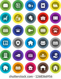 White Solid Icon Set- cleaner trolley vector, sponge, welcome mat, iron, shining window, house hold, sink, university, school building, dry cargo, warehouse, home, cottage, chalet, garage, plan, key