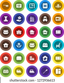White Solid Icon Set- cleaner trolley vector, fetlock, sponge, car, welcome mat, iron, shining window, house hold, woman, microwave oven, university, school building, plan, sale signboard, rooms