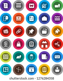 White Solid Icon Set- cleaner trolley vector, toilet paper, schedule, pin, certificate, constellation, exam, check, annual report, binder, dollar calendar, clipboard, fitness mat, money, document