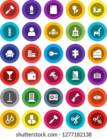 White Solid Icon Set- cleaner trolley vector, mop, clothespin, meat hammer, cutting board, cake, school building, scissors, wallet, manager, water bottle, gymnast rings, signpost, ship, glass, tulip