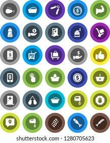 White Solid Icon Set- cleaner trolley vector, foam basin, hand mill, mixer, blender, chicken leg, dollar coin, investment, trainer, muscule, boxing glove, traking, touchscreen, finger up, crutches