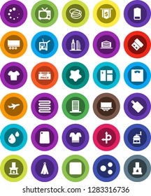 White Solid Icon Set- cleaner trolley vector, window cleaning, splotch, towel, cutting board, hand mill, dollar flag, scales, t shirt, hoop, route, plane, truck trailer, battery, backward button, tv