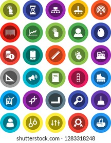 White Solid Icon Set- cleaner trolley vector, vacuum, scoop, water closet, egg, corner ruler, medal, graph, coin stack, sand clock, hierarchy, roller Skates, gymnast rings, traffic light, support