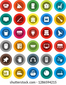 White Solid Icon Set- cleaner trolley vector, bucket, iron, rubber glove, colander, cook press, spatula, rolling pin, double boiler, paper, fitball, headphones, monitor, scalpel, power plug, fridge
