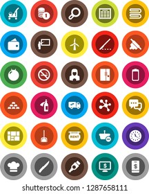 White Solid Icon Set- cleaner trolley vector, scoop, towel, woman, cook hat, knife, rolling pin, blackboard, schedule, coin stack, monitor dollar, gold ingot, fitball, molecule, no smoking, clock