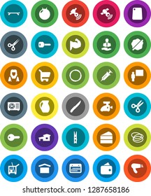 White Solid Icon Set- cleaner trolley vector, clothespin, splotch, woman, knife, cutting board, jug, cake, blackboard, scissors, fitball, muscule hand, skateboard, hoop, client, calendar, dry cargo
