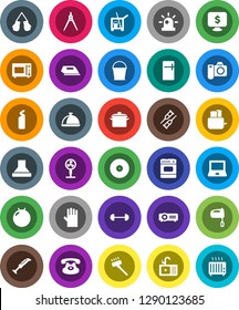 White Solid Icon Set- cleaner trolley vector, vacuum, bucket, cleaning agent, rubber glove, sink, pan, mixer, toaster, microwave oven, dish, drawing compass, notebook pc, monitor dollar, barbell