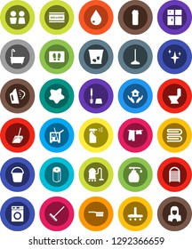 White Solid Icon Set- cleaner trolley vector, vacuum, fetlock, mop, scoop, rake, bucket, towel, trash bin, water drop, shining, splotch, welcome mat, steaming, bath, toilet, drying clothes, brush