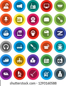 White Solid Icon Set- cleaner trolley vector, vacuum, rake, sponge, water tap, colander, cook press, whisk, skimmer, microscope, table lamp, measuring, radio, loudspeaker, headphones, monitor, iron