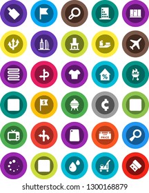 White Solid Icon Set- cleaner trolley vector, shining window, towel, cutting board, bbq, flag, percent growth, dollar, cent sign, t shirt, route, plane, ship, tv, stop button, backward, rec, loading