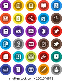 White Solid Icon Set- cleaner trolley vector, toilet paper, book, copybook, pen, schedule, clipboard, pin, certificate, document, constellation, cash, check, receipt, binder, dollar calendar, money