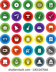 White Solid Icon Set- cleaner trolley vector, broom, vacuum, rake, washer, kettle, microwave oven, corner ruler, backpack, flask, hand trainer, horizontal bar, fitball, hoop, satellite antenna, disk