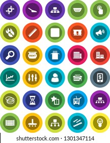 White Solid Icon Set- cleaner trolley vector, vacuum, scoop, colander, pasta, ruler, graph, sand clock, hierarchy, stairways run, hoop, support, wood box, Railway carriage, music hit, loudspeaker