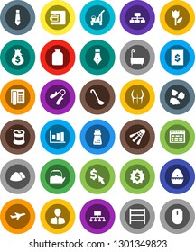 White Solid Icon Set- cleaner trolley vector, bath, garbage pile, kettle, cook timer, ladle, hand mill, jar, pen, schedule, graph, money bag, manager, dollar medal, tie, hierarchy, cursor, trainer