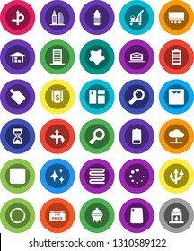 White Solid Icon Set- cleaner trolley vector, shining, window cleaning, splotch, towel, cutting board, bbq, magnifier, sand clock, dollar flag, scales, water bottle, hoop, route, truck trailer, barn