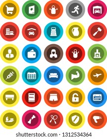 White Solid Icon Set- cleaner woman vector, apron, meat hammer, grater, jug, manager, calendar, jump rope, muscule hand, shorts, run, plane, ship, syringe, broken bone, shield, bench, mailbox, cart