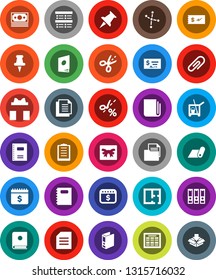 White Solid Icon Set- cleaner trolley vector, copybook, schedule, document, constellation, exam, check, binder, dollar calendar, fitness mat, money, clipboard, newspaper, thumbtack, attachment, plan