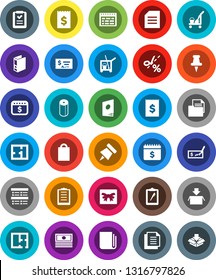 White Solid Icon Set- cleaner trolley vector, toilet paper, schedule, pin, document, exam, cash, check, receipt, binder, dollar calendar, clipboard, newspaper, thumbtack, plan, gift, shopping bag