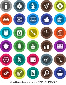 White Solid Icon Set- cleaner trolley vector, spatula, ladle, bbq, student, document, constellation, gold ingot, wallet, bank building, binder, measuring, shuttlecock, package, oil barrel, equalizer
