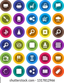 White Solid Icon Set- cleaner trolley vector, shining window, towel, skimmer, flag, sand clock, dollar, any currency, hoop, route, truck trailer, battery, stop button, backward, magnifier, share, tv