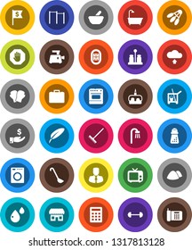 White Solid Icon Set- cleaner trolley vector, rake, garbage pile, ladle, hand mill, spices, cake, pen, manager, case, investment, dollar flag, barbell, horizontal bar, boxing glove, shuttlecock, tv