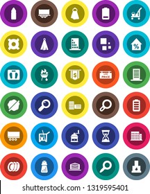 White Solid Icon Set- cleaner trolley vector, towel, splotch, plates, hand mill, bbq, school building, magnifier, percent growth, sand clock, dollar flag, any currency, scales, water bottle, battery